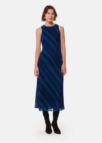 WHISTLES Blue Devore Stripe Velvet Dress – sleeveless striped midi dresses