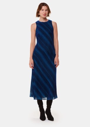 WHISTLES Blue Devore Stripe Velvet Dress – sleeveless striped midi dresses