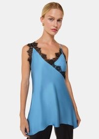 WHISTLES Iris Lace Detail Wrap Cami in Blue / Multi – silky asymmetric camisole top – strappy back camisoles