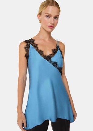 WHISTLES Iris Lace Detail Wrap Cami in Blue / Multi – silky asymmetric camisole top – strappy back camisoles