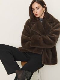 The Reformation Ellie Faux Fur Coat Brown ~ short winter coats ~ glamorous fluffy jacket ~ sustainable clothing