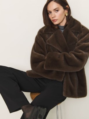 The Reformation Ellie Faux Fur Coat Brown ~ short winter coats ~ glamorous fluffy jacket ~ sustainable clothing