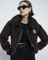 RIVER ISLAND Brown Borg Trim Collared Jacket ~ women’s textured faux fur jackets