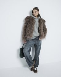 River Island Brown Faux Feather Fur Coat / cropped winter coats / shaggy jackets