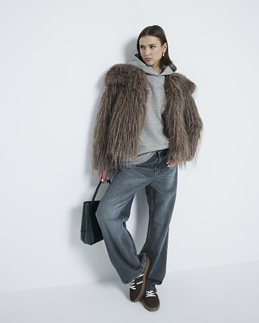 River Island Brown Faux Feather Fur Coat / cropped winter coats / shaggy jackets