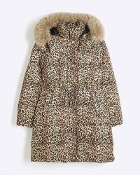 RIVER ISLAND Brown Faux Fur Leopard Puffer Jacket ~ animal print padded coats