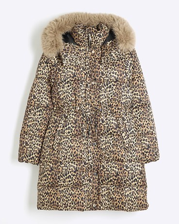 RIVER ISLAND Brown Faux Fur Leopard Puffer Jacket ~ animal print padded coats