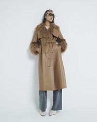 River Island Brown Faux Fur Trim Faux Leather Trench Coat | women’s belted shaggy trimmed coats