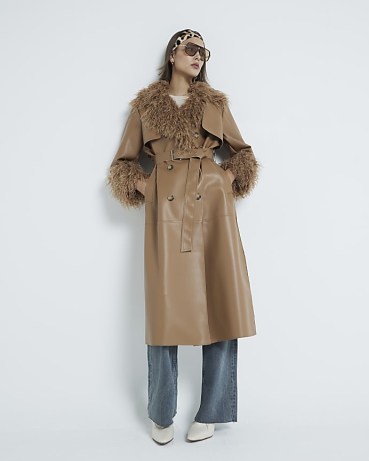 River Island Brown Faux Fur Trim Faux Leather Trench Coat | women’s belted shaggy trimmed coats