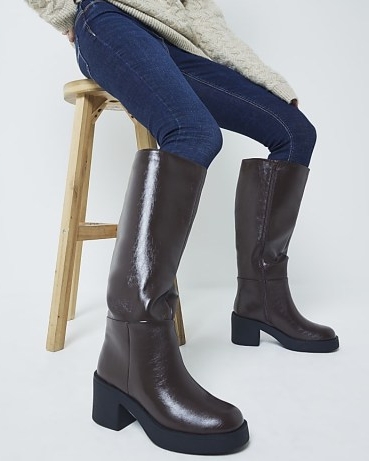 River Island Brown Faux Leather High Leg Boots | women’s chunky platform knee high winter boots