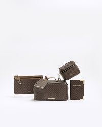 River Island Brown Faux Leather RI Monogram Travel Bundle – womens fake leather travel sets