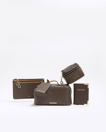 River Island Brown Faux Leather RI Monogram Travel Bundle – womens fake leather travel sets