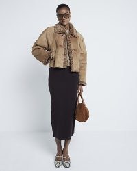 River Island Brown Faux Shearling Trim Jacket | chic fake textured fur trimmed winter jackets