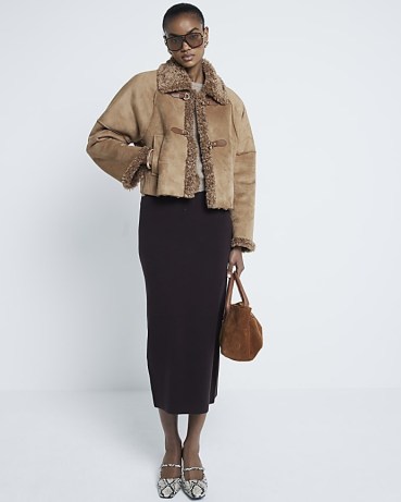 River Island Brown Faux Shearling Trim Jacket | chic fake textured fur trimmed winter jackets