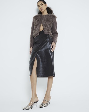 River Island Brown Split Hem Midi Skirt – front slit faux leather pencil skirts