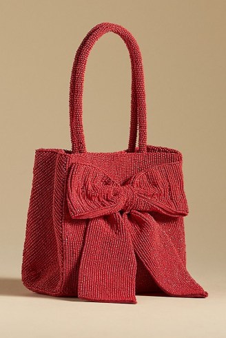 By Anthropologie Beaded Bow Tote Bag in Red ~ bead embellished occasion bags