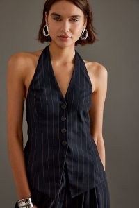 By Anthropologie Pinstripe Halter Waistcoat in Navy – women’s dark blue striped waistcoats