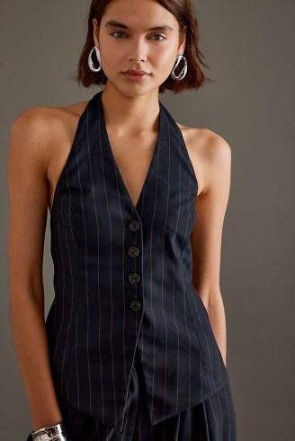 By Anthropologie Pinstripe Halter Waistcoat in Navy – women’s dark blue striped waistcoats