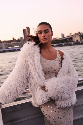 By Anthropologie Shaggy Faux-Fur Cardigan in Ivory / glamorous fluffy open front cardigans