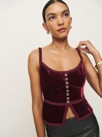 Reformation Minna Velvet Top in Chianti – plush jewel tone shoulder strap tops