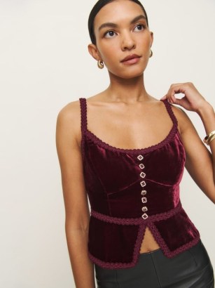 Reformation Minna Velvet Top in Chianti – plush jewel tone shoulder strap tops