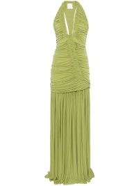 Christopher Esber Ruched Gown in Olive Green – plunging neckline evening gowns – designer event maxi dresses