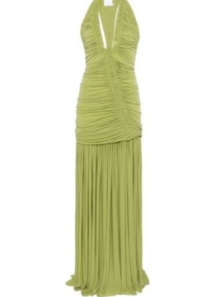 Christopher Esber Ruched Gown in Olive Green – plunging neckline evening gowns – designer event maxi dresses