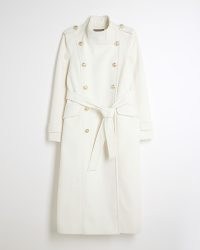 River Island Cream Belted Military Coat | women’s tie waist gold button detail winter coats