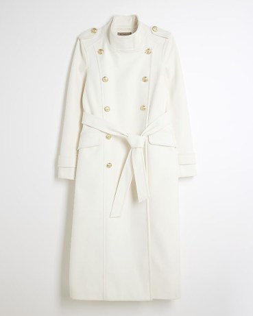 River Island Cream Belted Military Coat | women’s tie waist gold button detail winter coats