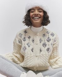 River Island Cream Embellished Cardigan | chunky sequinned cable knit cardigans | sequin knitwear winter 2024 / 25