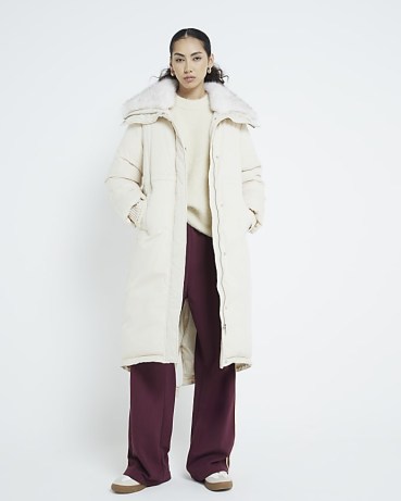 River Island Cream Faux Fur Collar Puffer Jacket – womens winter longline coats with fake fur collars