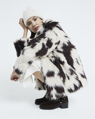 River Island Cream Faux Fur Cow Print Coat / shaggy animal print jacket / short fluffy winter coats