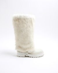 RIVER ISLAND Cream Faux Fur Cuff High Leg Boots ~ women’s fluffy chunky sole boot