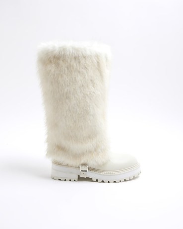 RIVER ISLAND Cream Faux Fur Cuff High Leg Boots ~ women’s fluffy chunky sole boot