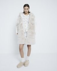 River Island Cream Faux Fur Padded Pom Pom Coat | women’s cute fluffy winter coats