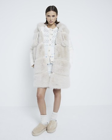 River Island Cream Faux Fur Padded Pom Pom Coat | women’s cute fluffy winter coats