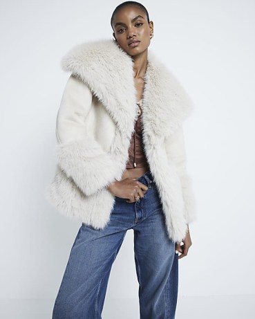 River Island Cream Faux Fur Trim Jacket | women’s winter jackets with a retro vibe