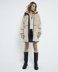 RIVER ISLAND Cream Faux Shearling Pocket Detail Coat ~ fashionable textured fake fur winter coats