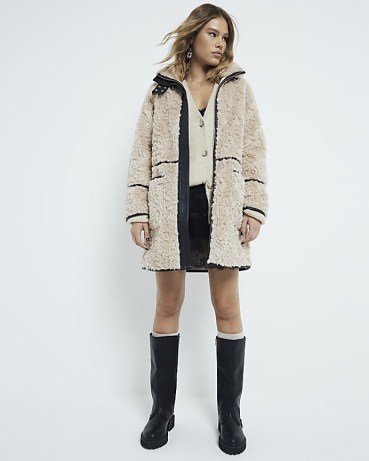 RIVER ISLAND Cream Faux Shearling Pocket Detail Coat ~ fashionable textured fake fur winter coats