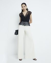 RIVER ISLAND Cream Lace Jumpsuit ~ monochrome semi sheer jumpsuits ~ evening going out fashion