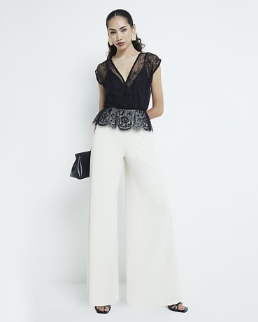 RIVER ISLAND Cream Lace Jumpsuit ~ monochrome semi sheer jumpsuits ~ evening going out fashion