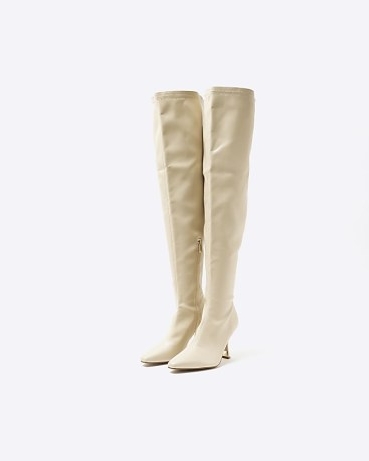 River Island Cream Over The Knee Heeled Boots – womens long faux leather boots