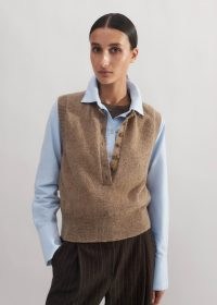 ME and EM Donegal Button Neck Layering Vest in Camel Melange Multi ~ women’s light brown knitted vests