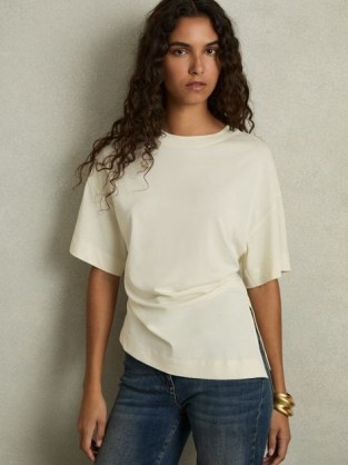 REISS Lucia Asymmetric Ruched Top With Wool Ivory ~ chic wide sleeve tee with asymmetrical draping ~ women’s contemporary draped T-shirt