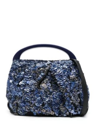 Dries Van Noten Blue Sequinned Mini Bag in Royal blue, black and silver – small sequined handbag – luxe slouchy sequin covered top handle bags