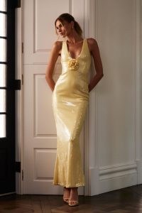 MESHKI Eliza Rose Sequin Maxi Dress Lemon / yellow sequinned plunge front dresses / beautiful evening fashion / sequin covered party clothing / shimmering event clothes with plunging neckline