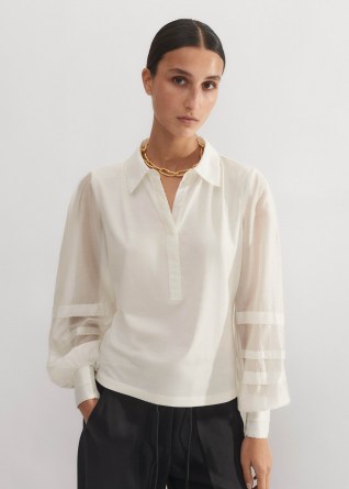 ME and EM Fluid Scallop Detail Layering Shirt in Cream – women’s feminine semi sheer shirts