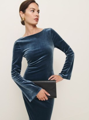 Reformation Delphina Knit Dress in Fog Velvet – plush blue long sleeve scooped back evening dresses