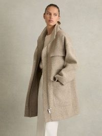 Reiss Amora Funnel-Neck Herringbone Coat With Wool Neutral ~ women’s chic winter coats