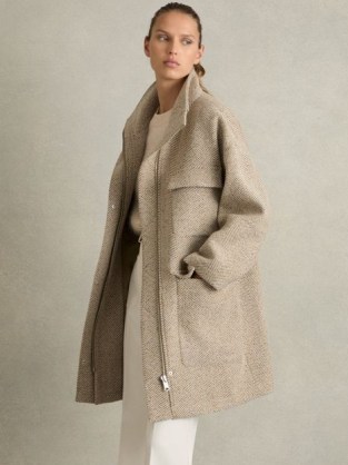 Reiss Amora Funnel-Neck Herringbone Coat With Wool Neutral ~ women’s chic winter coats